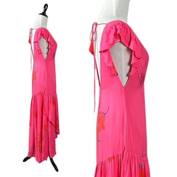 Free People Tropical Hawaiian Hibiscus Hot Pink Floral Maxi Dress Size 0 XS - Picture 9 of 15